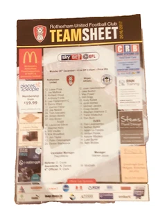 ROTHERHAM UNITED V WIGAN ATHLETIC - TEAM SHEET - CHAMPIONSHIP - 26/12/2016 - Picture 1 of 1