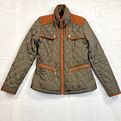 Chaqueta para mujer Vince Camuto talla pequeña verde imitación gamuza ribete marrón sin cinturón” Foto 1 de 4