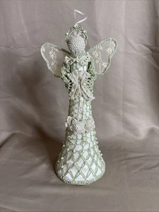 Beautiful Ivory Green Vintage Angel Ornament Crochet Lace And Pearl Beads 10” - Picture 1 of 13