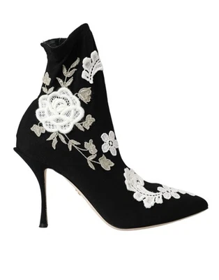 Dolce&Gabbana Mujer Botines Negros Viscosa Floral Bordado Zapatos Tacón Alto - Imagen 1 de 4
