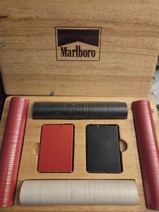 Marlboro Poker Chips Set With 2 Card Decks in Solid Wooden Box New - Picture 1 of 6