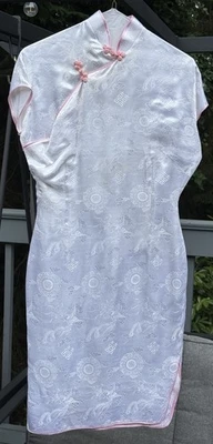 Vintage 1950’s Hong Kong White Satin Beaded Cheongsam Qipao Dress White/Pink - Image 1 of 4