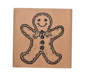 Gingerbread Man with Holly Collar & Peppermint Buttons Wood Mounted Rubber Stamp - Picture 1 of 5