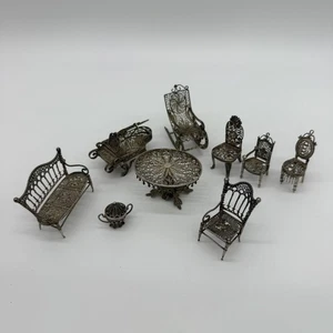 9 Sterling Silver Miniature Furniture Set Dollhouse Piano Chairs Table Filigree - Picture 1 of 10