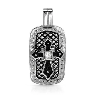 Cross Dog Tag Pendant W/1.30ctw CZ in Black Enamel and Stainless steel. - Image 1 of 2