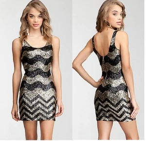 New Bebe black gold sequins stripe zip back sparkling sexy top dress S Small - Picture 1 of 7