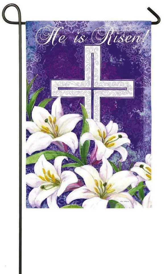 Bandera de jardín lirio de Pascua He is Risen doble cara gamuza púrpura blanco 12,5 x 18 pulgadas Foto 1 de 1