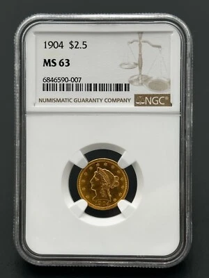 1904 P $2.5 Gold Liberty Head Uncirculated Quarter Eagle, NGC MS-63 - Image 1 of 4