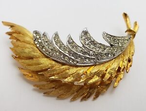 Vintage Coro Rhinestone Leaf Brooch Pin Silver Gold-Tone Feather Textured Signed