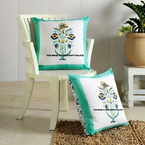 2 PCs Cushion Cover Cotton Indian Throw Pillow Sofa Pillowcase Block Print Decor - Picture 1 of 3