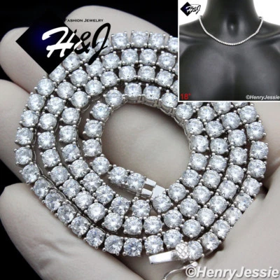 18"MEN 14K WHITE GOLD PLATED ICY BLING CZ 4MM 1 ROW TENNIS CHAIN NECKLACE*BN2 - Image 1 of 4