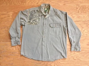 Cabela Shooters Shirt Long Sleeve Padded Camo Shoulder Moss Green Cotton L/ Reg - Picture 1 of 10