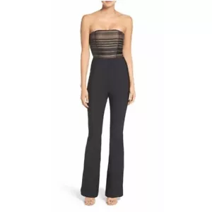 Misha Collection Black Strapless Sleeveless Striped Flared Cocktail Jumpsuit - S - Picture 1 of 8