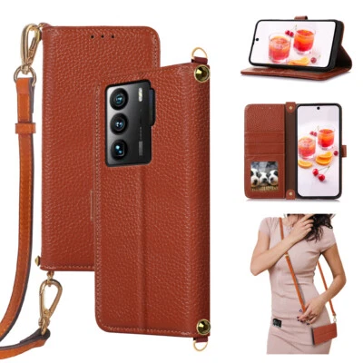 For ZTE Real Leather Flip Case Stand Crossbody RFID Stylish - Image 1 of 4