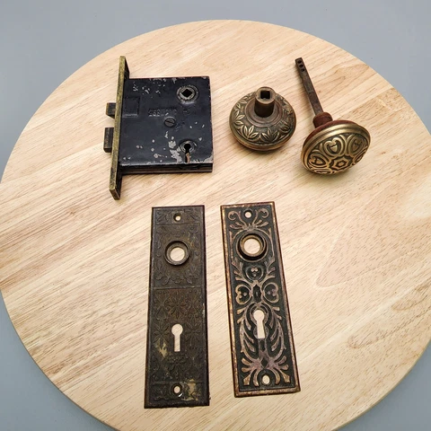 1880s Antique Victorian Nashua Brass Door Lock Set Cover