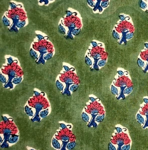 Green Blue Floral Indian Block Print By the Yard Fabric for Sewing Dressmaking - Picture 1 of 8