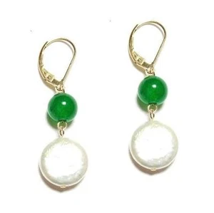 Genuine White Button Pearl & Green Jade 14K Gold Filled Lever Back Earrings - Picture 1 of 1