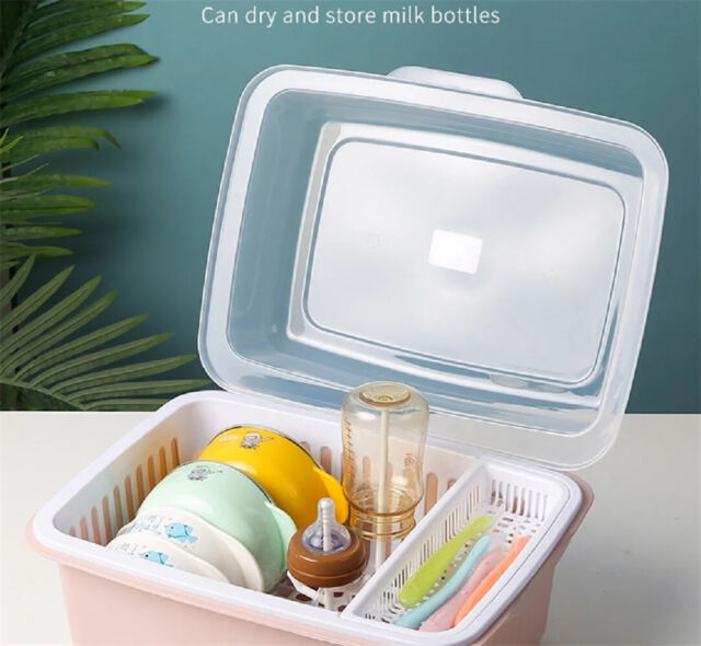 Baby Bottle Drying Rack Storage,Large Nursing Bottle Storage boxOrganizer  with Cover,Portable Kitchen Cabinet Organizer