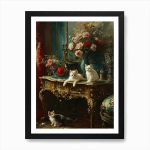 Póster arte de pared enmarcado gatitos sentados en la mesa de un palacio lienzo impresión cuadro - Imagen 1 de 4