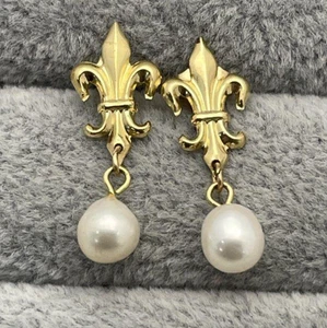 Orecchini perle coltivate oro giallo 14 kt Fleur De Lis 585 borchia 5mm 1,01gr 22mm - Foto 1 di 12