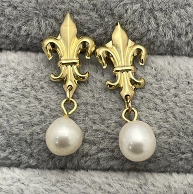 Brincos de ouro amarelo 14k pérola cultivada Fleur De Lis 585 cravejado de 5 mm 1,01 gr 22 mm - Imagem 1 de 4