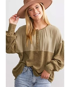 Azura Exchange Khaki Ribbed Patchwork Drop Shoulder Buttoned Neckline Blouse - Picture 1 of 48