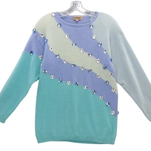 vtg 80s/90s Angora/Lamswool Sweater Rhinestone Embellished Pastel Color block L - Picture 1 of 7