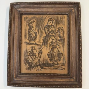 Vintage Women Farm Work Barn Genuine Med-Wood-Cut Etched Artini Arts Inc Signed - Picture 1 of 12