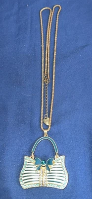 Betsey Johnson Crystal/Lacquer  Teal Blue Bow Purse Pendant Necklace vintage  - Image 1 of 4