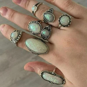 8pcs Vintage White Opal Antique Silver Ring Set - Picture 1 of 10