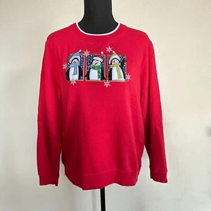 VTG Christmas Sweater Women Large Pullover Crewneck Penguin 90s Red Embroidered - Picture 1 of 8