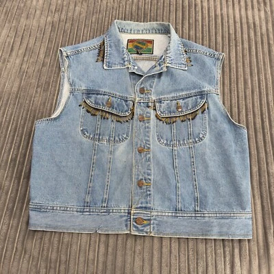 Vintage Structure Jeans Wear Vest Womens XL Blue Denim Biker Retro Hippie Beaded - Image 1 of 4