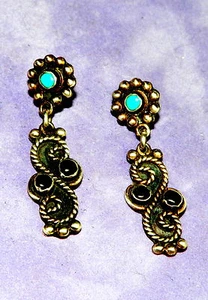 VINTAGE 1970'S STERLING - TURQUOISE - ONYX PIERCED DROP EARRINGS - Picture 1 of 3