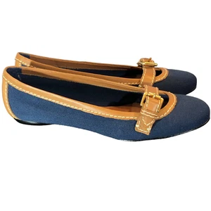 Talbots Ballet Flats Womens Size 6.5AA 2A Narrow Navy Canvas Leather Buckle - Picture 1 of 9