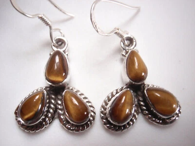 Pendientes colgantes trillizos de lágrima ojo de tigre de plata de ley 925 Foto 1 de 3