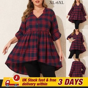 Plus Size Womens Plaid Check Oversized Tunic Tops Baggy V Neck Blouse T-Shirt - Picture 1 of 16