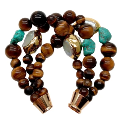 8英寸3股黄虎眼蓝色绿松石白色Keshi珍珠手链 — 第 1/4 张图片