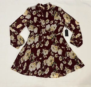 -Lucca Burgundy White Floral Dress Size Large Long Sleeve New Dress- - Picture 1 of 21