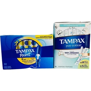 Tampax Pocket Pearl Regular 32ct & Pure Cotton 22ct Organic Tampons Combo Pack - Picture 1 of 9