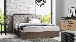 Boxspringbett Bett DAIMON 180x200cm Dunkel Eiche Stoff Hellbeige inkl Bettkasten - Bild 1 von 3