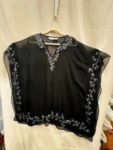 Scala Vintage Coctail Kaftan schwarz transparent Chiffon Cover Up Perlen-Pailletten S - Bild 1 von 11