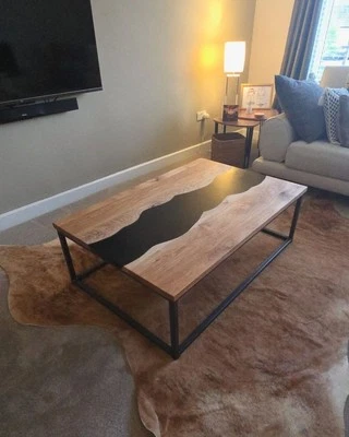36X22 Black Resin River Coffee TableTop with Live Edge Wood–Handmade Epoxy Table - Image 1 of 4