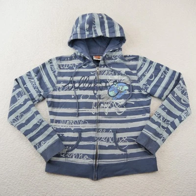 Moletom Billabong com capuz feminino grande azul cinza listra floral zíper surf - Imagem 1 de 4
