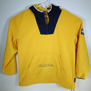 Nautica Hooded Fleece Mens Large Spellout 1/4 Zip Yellow Navy Blue USA Made - Picture 1 of 6