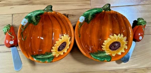 Ganz Bella Casa Dip Bowl w/Spreader (TWO) PUMPKIN Sunflower Orange Butter Cheese - Picture 1 of 5