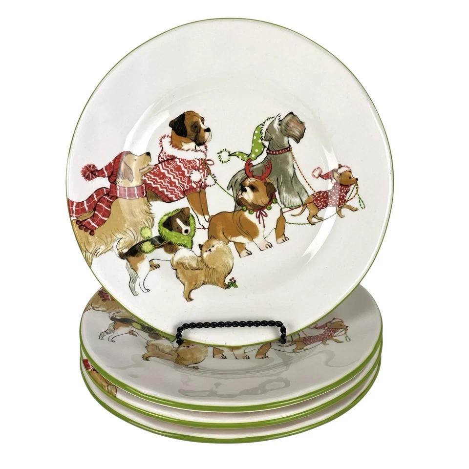 "Juego de 4 platos de ensalada Pier 1 Imports Park Avenue cachorros 8 3/4"" perros pintados a mano" Foto 1 de 4