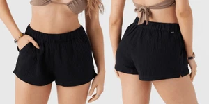 O'Neill Women's Black Crinkle Cotton Paperbag Shorts Size S Elastic Waistband - Picture 1 of 10