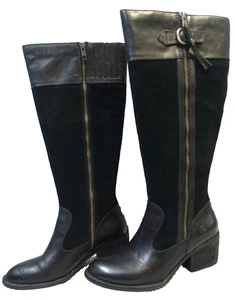 BORN~NEW!!~UCHEE BLACK LEATHER & SUEDE RIDING BOOTS PLAID LINING WOMENS 7M - Picture 1 of 10