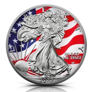 1 oz Silver American Eagle 2022 USA Flag Colorized & Antique finish with box&COA - Picture 1 of 2