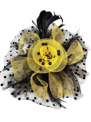 Black/Yellow Feather Mesh Fascinator Hat Clip/Band Wedding Tea Cocktail Party - Image 1 of 3
